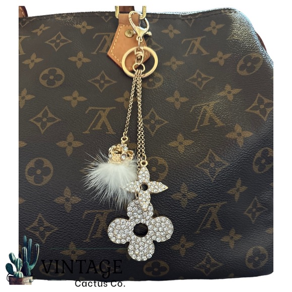 New! Monogram Rhinestone Inspired Bag Charm or Keychain! (White w/Gol… - Picture 3 of 4